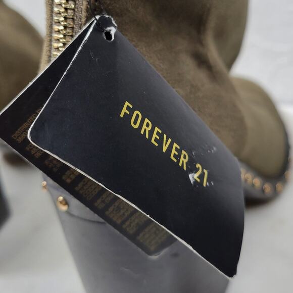 Forever 21 Suede Boots Womens 7 Green Leather Gold Rivets Block Heel Zipper New - Picture 10 of 16